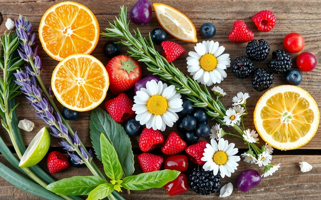 Close-up of fresh, vibrant botanical ingredients like herbs, flowers, and fruits, arranged aesthetically