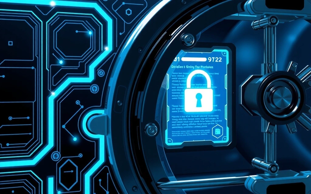 Secure digital vault with data inside, glowing lines