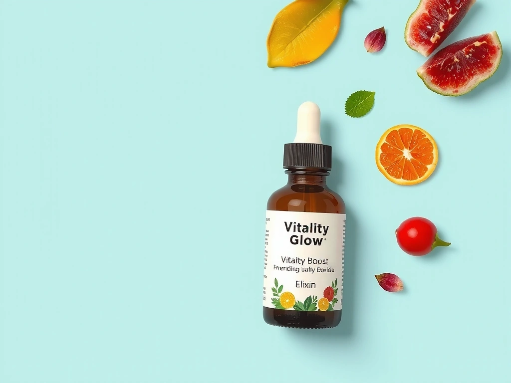 High-resolution image of Vitalityglowspainb Boost Elixir bottle with vibrant ingredients.