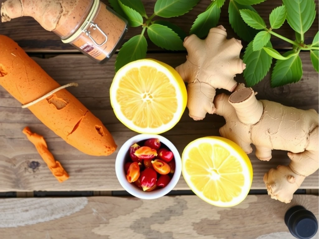 Ingredients of Vitalityglowspainb Boost Elixir in a flat lay composition.