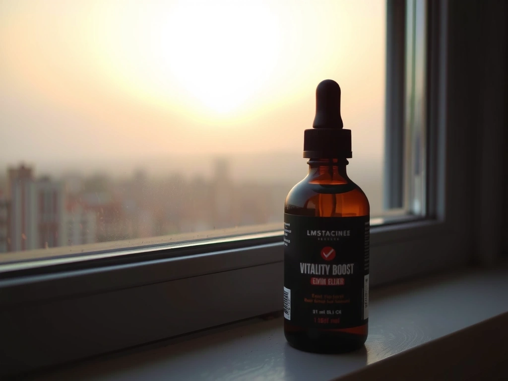 Vitalityglowspainb Boost Elixir bottle with a morning sunrise background.